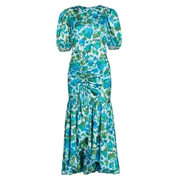 AMUR Blue Green Floral Ruched Asymmetrical Midi Dress - Size 4 - Picture 2 of 10